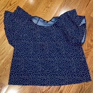 Shein Curve 2XL navy with white dots ruffle sleeve top